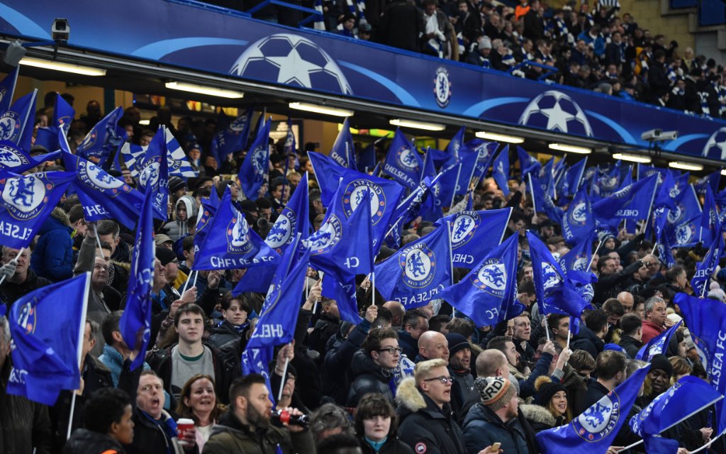Chelsea v FC Barcelona Barca UEFA Champions League Fans of Chelsea wave flags before the UEFA Champions League match at Stamford Bridge, London