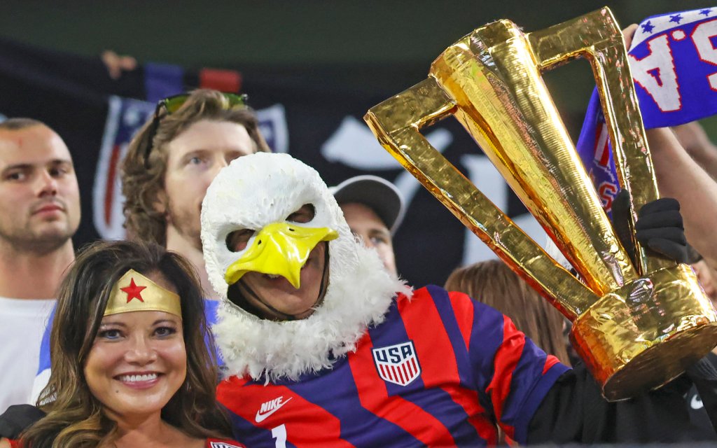 Soccer: CONCACAF Gold Cup Soccer-Jamaica at USA, Jul 25, 2021 Arlington, Texas, USA United States fans before the match against Jamaica in a CONCACAF Gold Cup quarterfinal soccer match at AT&ampT Stadium.