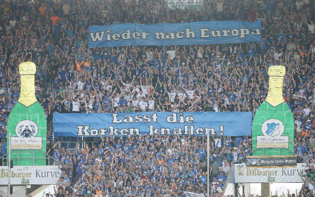 SPORT Sinsheim , Fußball Bundesliga 34. Spieltag , TSG 1899 Hoffenheim vs. Borussia Dortmund , Hoffenheim Fans , Wieder nach Europa , lasst die Korken knallen