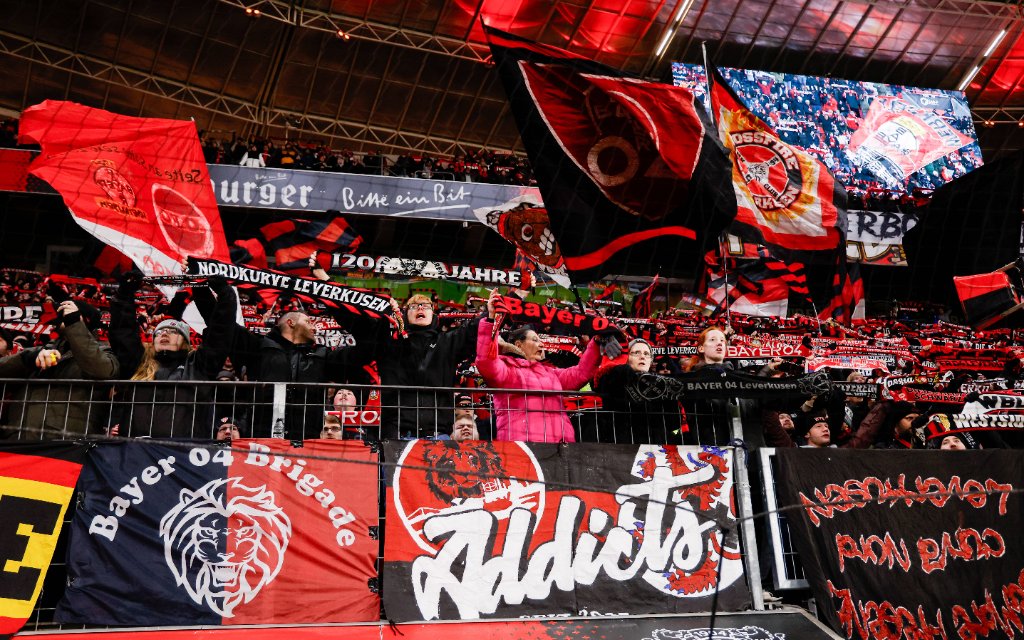 German 1. Bundesliga - Bayer 04 Leverkusen vs VfB Stuttgart, Germany Fans waving flag of Bayer 04 Leverkusen during the German 1. Bundesliga match between Bayer 04 Leverkusen and VfB Stuttgart at the BayArena in Leverkusen, Germany, January 10, 2026.