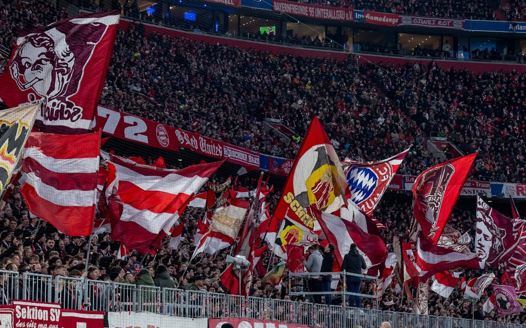 Die Bayernfans in der Suedkurve mit ihren Fahnen GER, FC Bayern Muenchen vs. TSG 1899 Hoffenheim, Fussball, Bundesliga, 21. Spieltag, Spielzeit 2025 2026, 08.02.2026