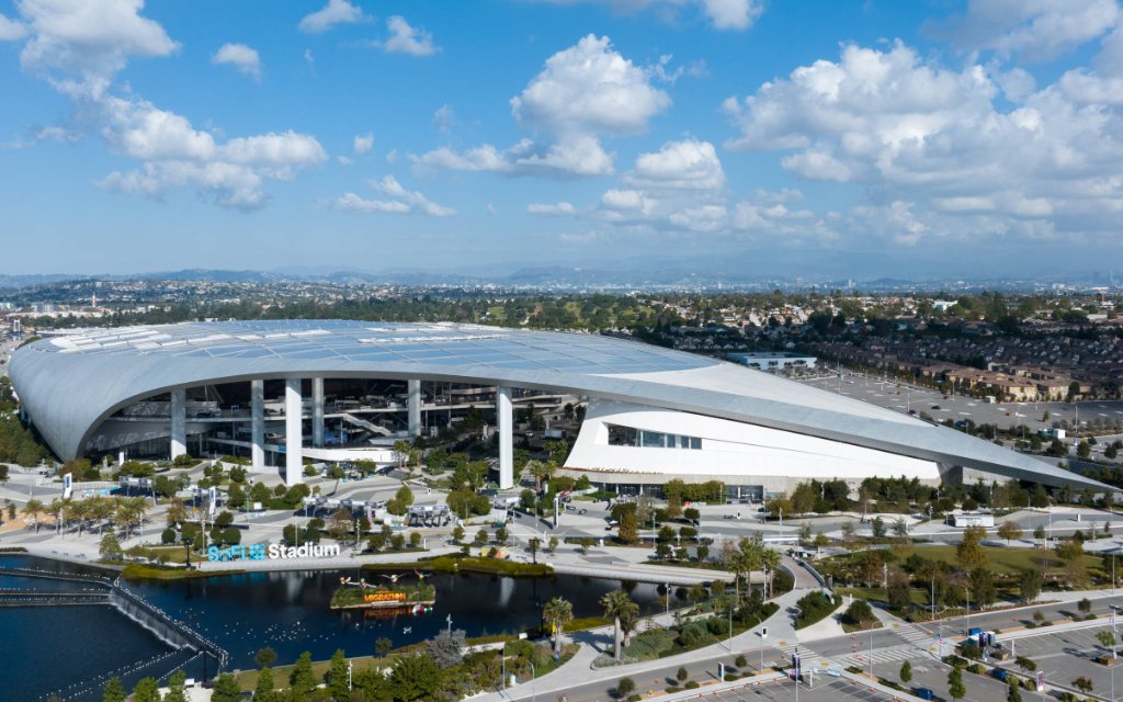 INGLEWOOD, CALIFORNIA - NOVEMBER 24: Aerial view of the SoFi Stadium, which will host the main opening ceremony of 2028 Summer Olympics, on November 24, 2023 in Inglewood, California.