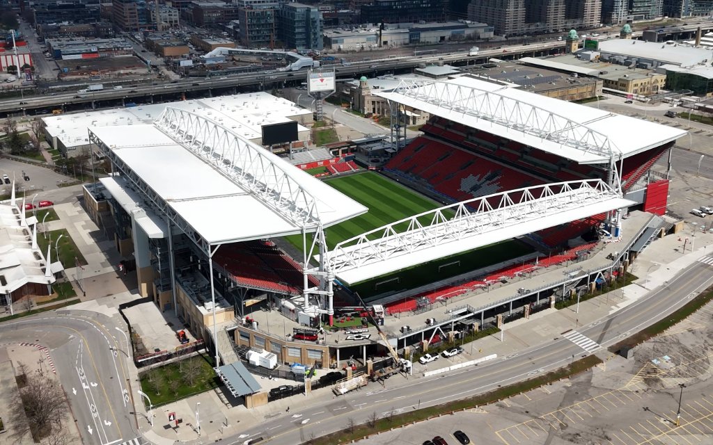 BMO Field in Toronto Canada aerial view home of the FC Toronto soccer club - TORONTO, CANADA - APRIL 17, 2024