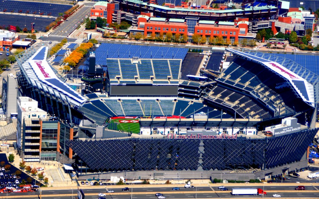 Philadelphia, Pennsylvania, U.S.A - October 23, 2019 - The aerial view of Lincoln Financial Field, the main football stadium in the city next to Interstate 95