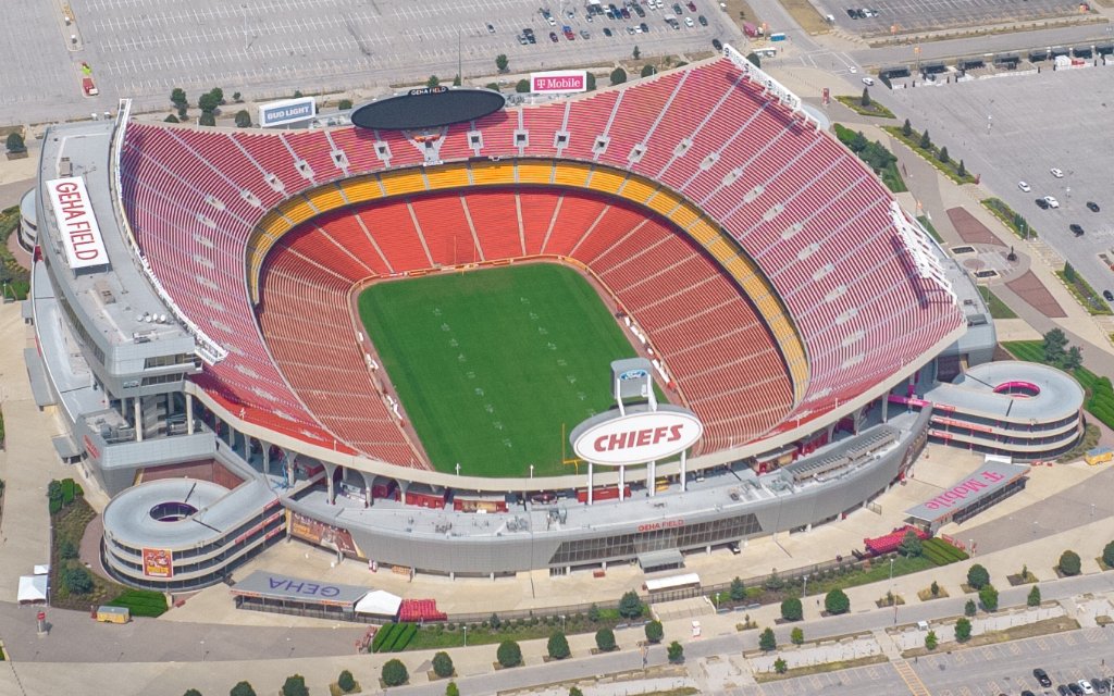 The USA, Kansas City, September 2022: Aerial view of the GEHA Field at Arrowhead Stadium and Aramark-Kauffman Stadium.