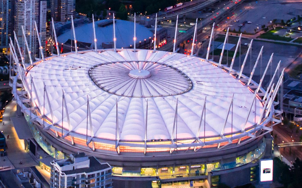 Aireal view of B.C. Place Stadium at twilight