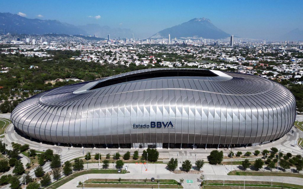 Guadalupe, Nuevo Leon, Mexico: Aerial view of the BBVA Stadium, host of the FIFA World Cup in Guadalupe,